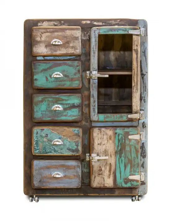 Reclaimed Ice Box Cabinet with 5 Drawers & 2 Doors on Rollers - popular handicrafts